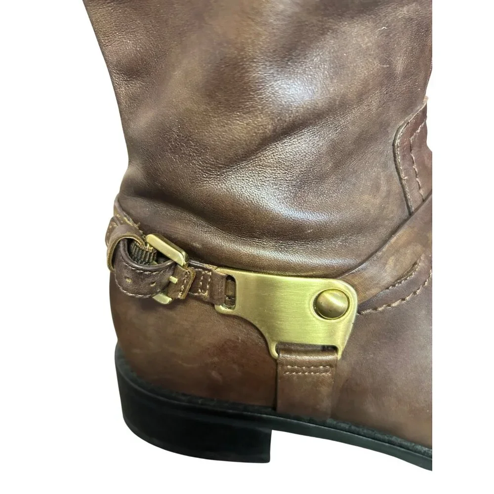 Brown Ecco Leather Tall Riding Boots With Buckle & Side Zipper